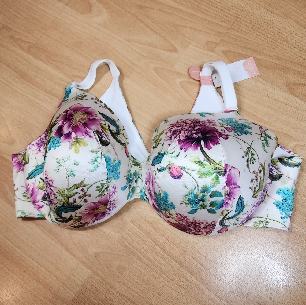 NWT‎ Cacique Full Coverage Bra Lightly Lined Back Smoother Floral Satin 46DD